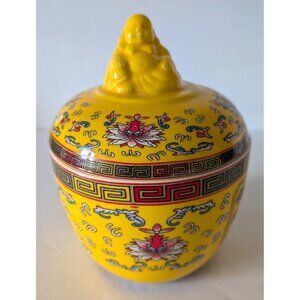 Smiling Buddha Soup Rice Stew Bowl Ceramic Individual Lid Porcelain Floral 9 oz